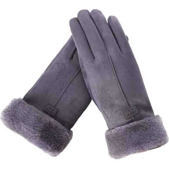 Women's Gray Winter Warm Touch Screen Thick Mittens Lady Outdoor Gloves - Picture 1 of 6